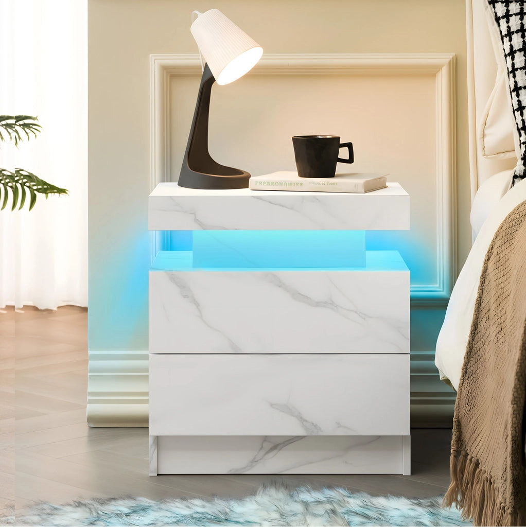 Comodino LED bianco opaco con 2 cassetti e vano aperto