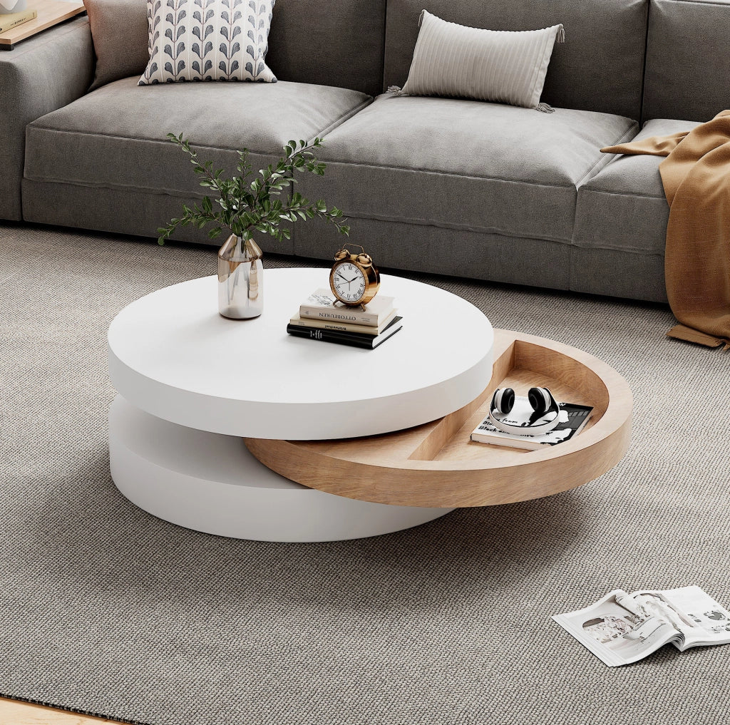 Tavolino da caffè rotondo girevole a 360° 60 x 60 x 35;1 cm; bianco e naturale; in MDF