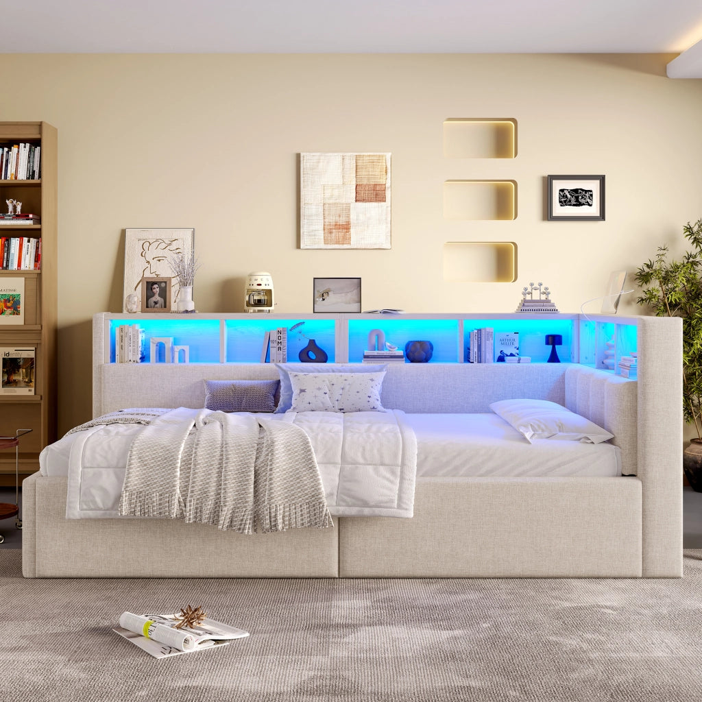 Letto divano 90 × 200 cm singolo con contenitore idraulico; LED regolabile; USB e Type-C; senza materasso; beige
