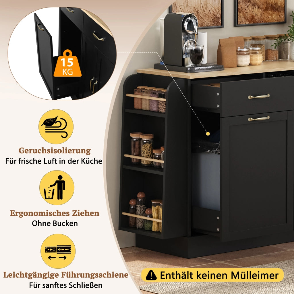 Credenza da cucina con vano pattumiera, ripiani aperti per spezie e vani contenitore, nera in MDF, 133.5 × 40 × 86 cm