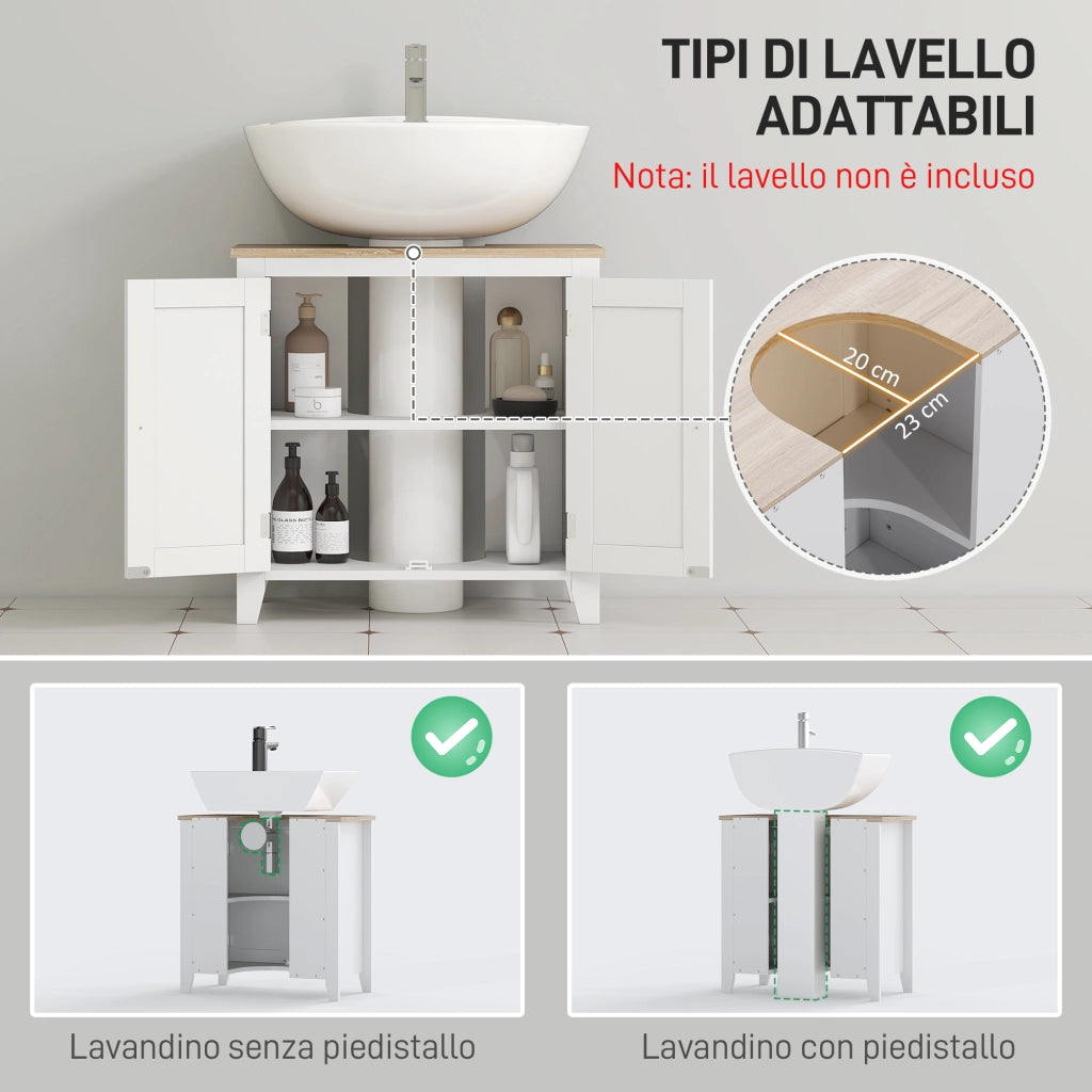 Mobile Sottolavabo Bagno con Intaglio a U Salvaspazio, Mobiletto in MDF con Ripiano Regolabile, 60x30x60 cm, Bianco e Legno