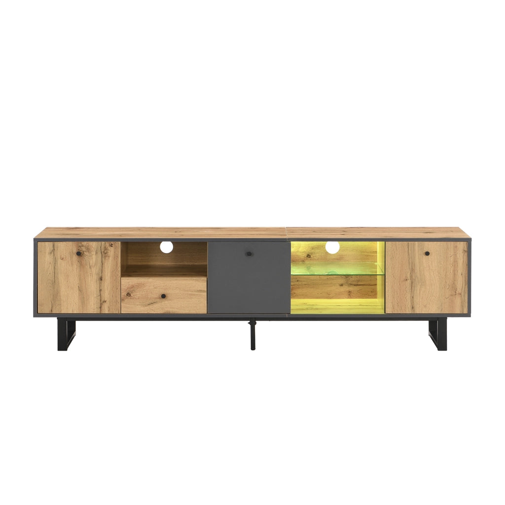 Mobile TV basso moderno con LED, ante con cerniere ammortizzate, 3 ante, 3 scomparti e 1 cassetto