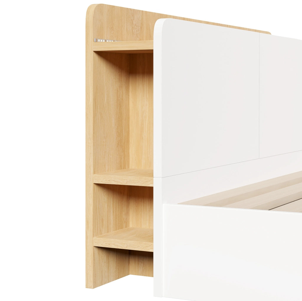 Letto contenitore 140x200 cm bianco e naturale con LED e USB-C