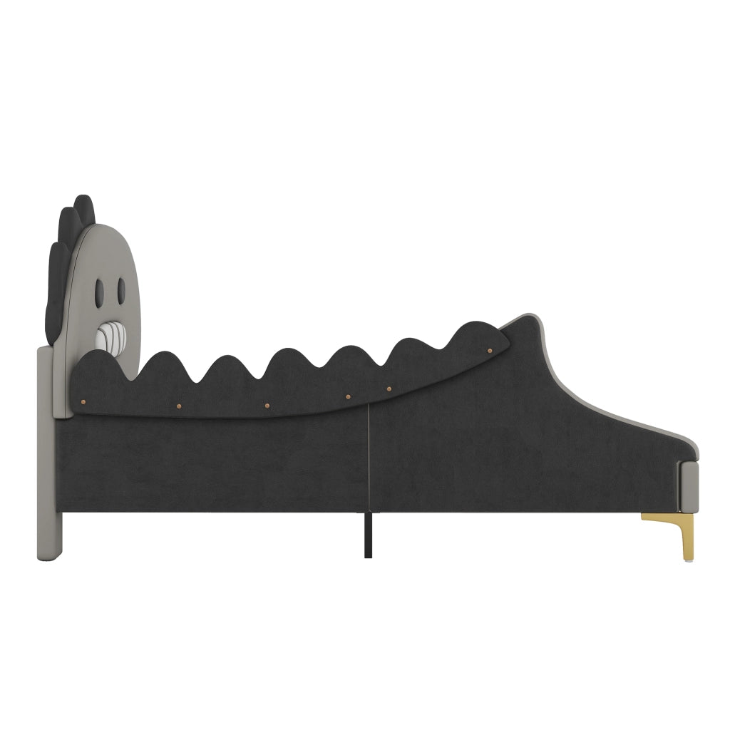 Letto singolo 90 × 200 cm con testiera a dinosauro in PU e MDF grigio
