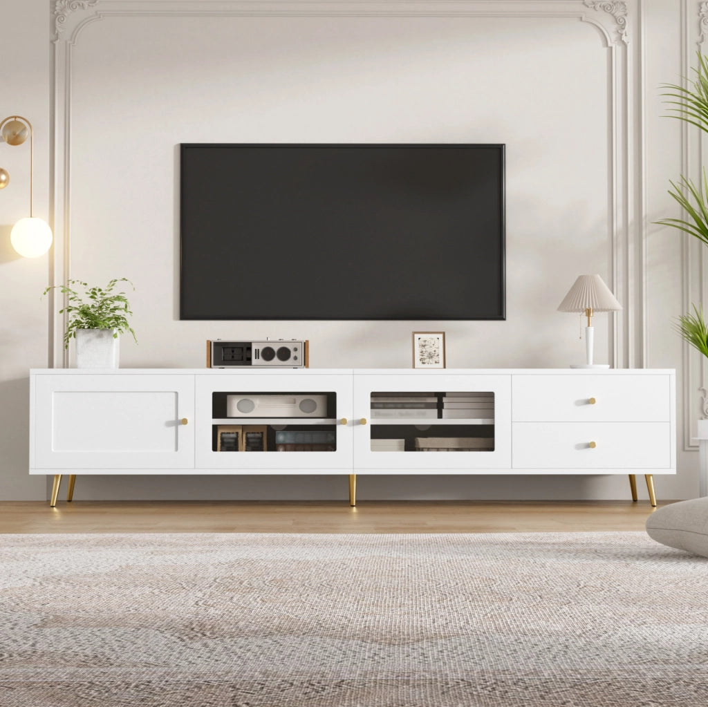 Mobile TV 170x40x43 cm bianco con 2 cassetti; 2 ante in vetro e anta HOMVRA
