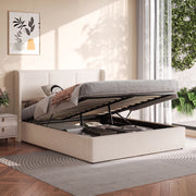 Letto matrimoniale contenitore 140x190 cm con testiera imbottita rete a doghe e vano contenitore idraulico in lino-beige
