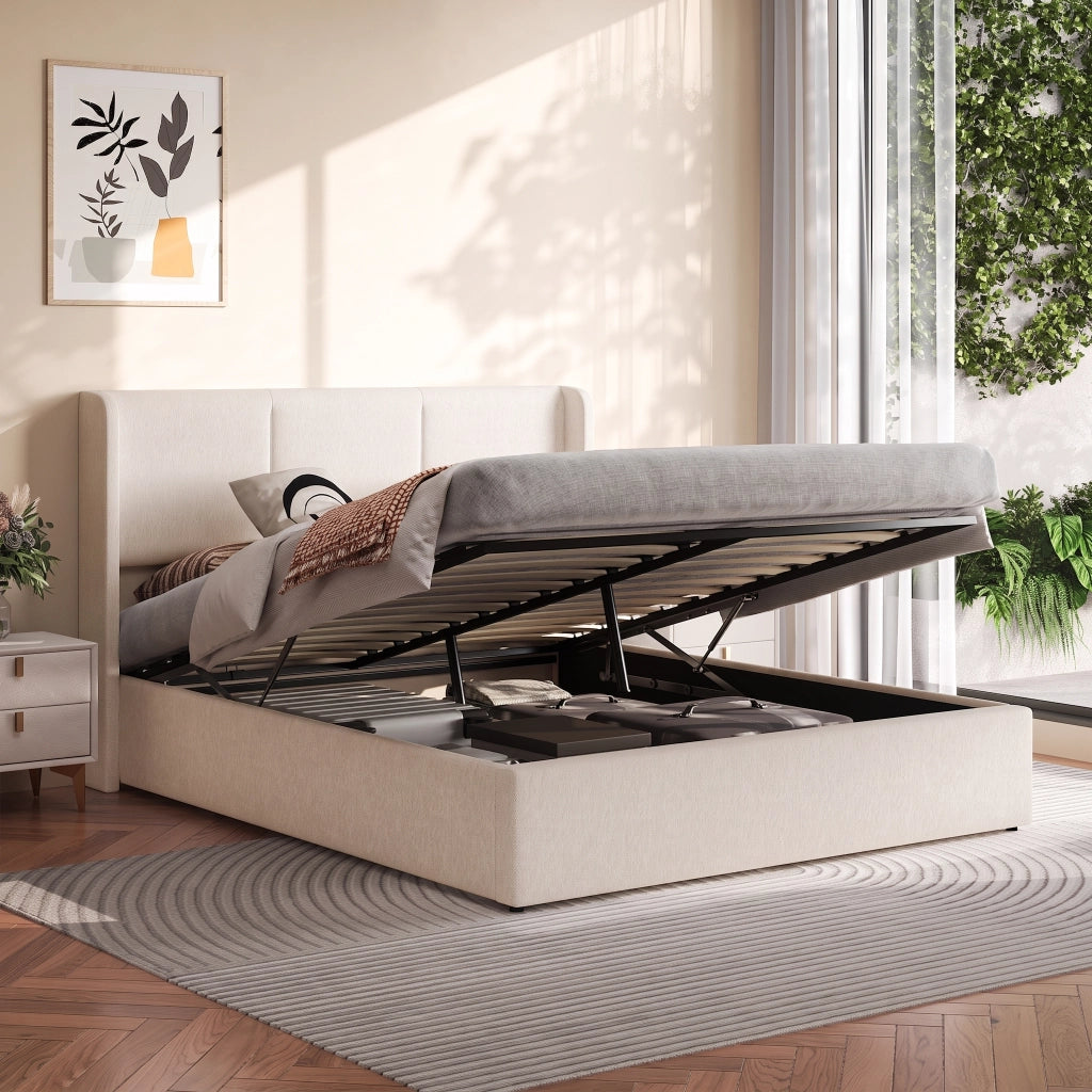 Letto matrimoniale contenitore 140x190 cm con testiera imbottita rete a doghe e vano contenitore idraulico in lino-beige