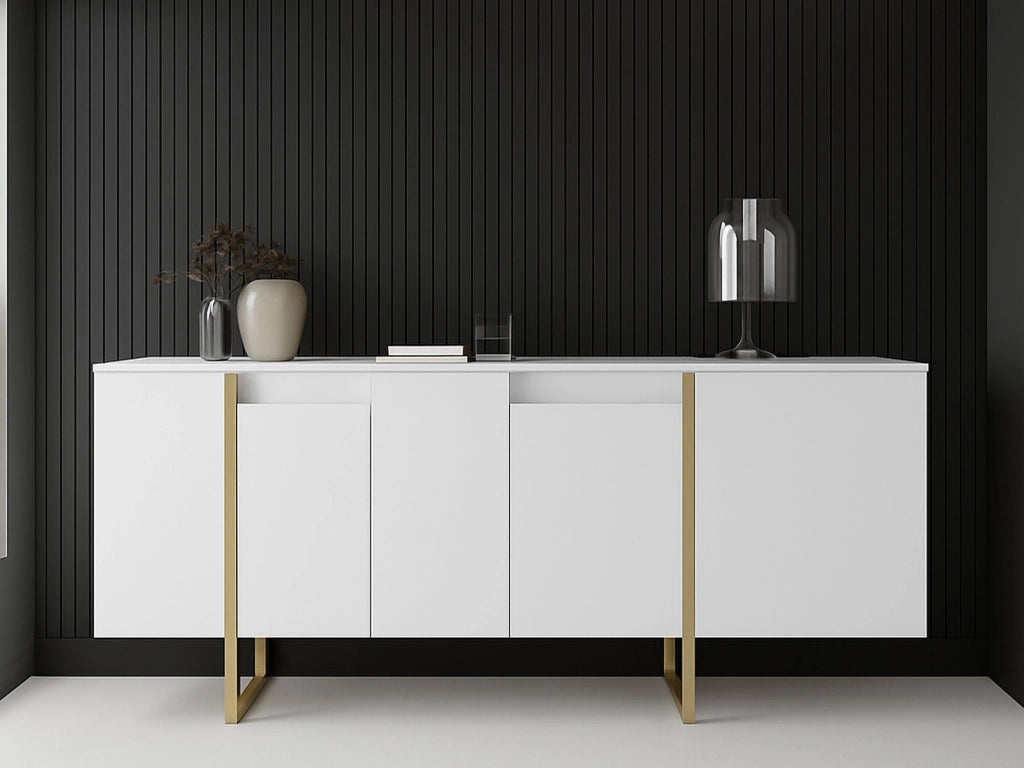 Credenza Arta, Buffet da soggiorno, Madia da salotto, Dispensa da cucina, 160x35h80 cm, Bianco e Oro