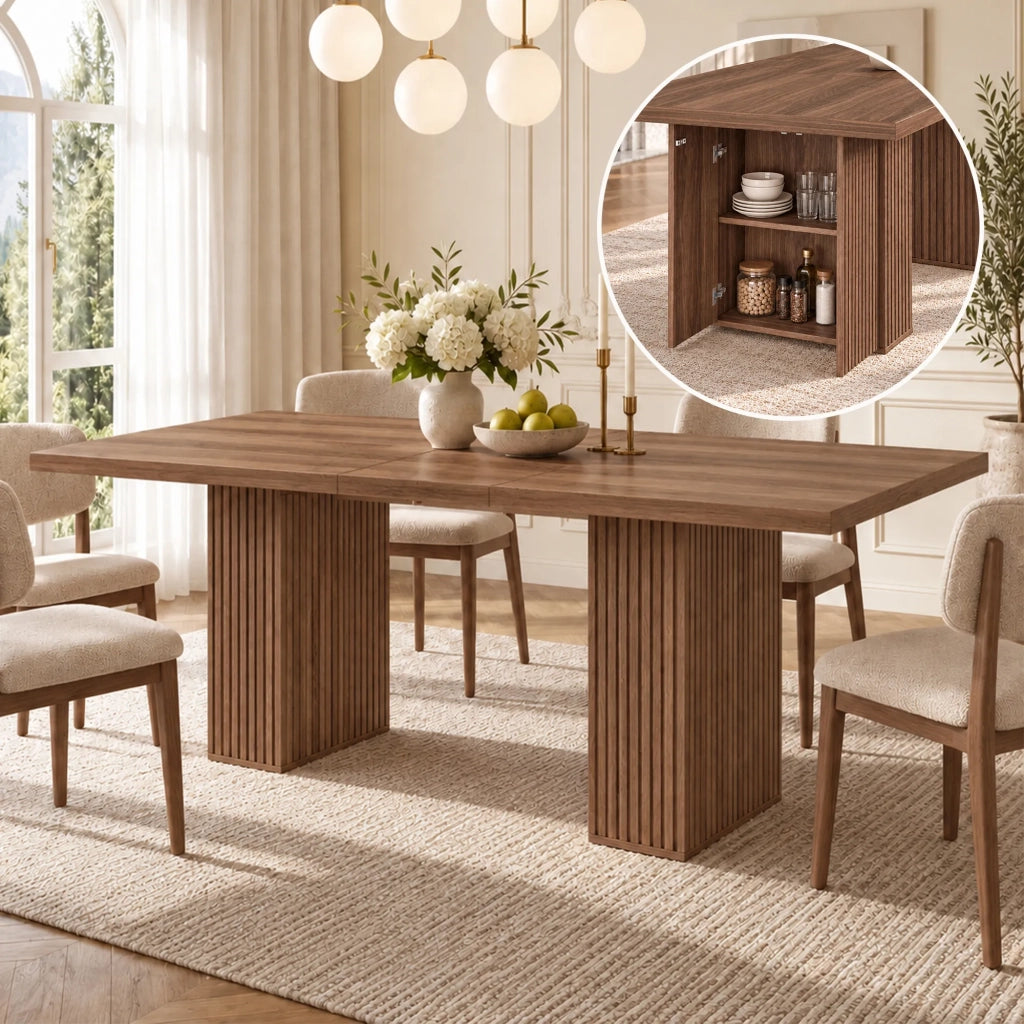 Tavolo da pranzo allungabile 150/190x90 cm, stile scandinavo colore noce, piano spesso con vano portaoggetti, per 6-8 persone