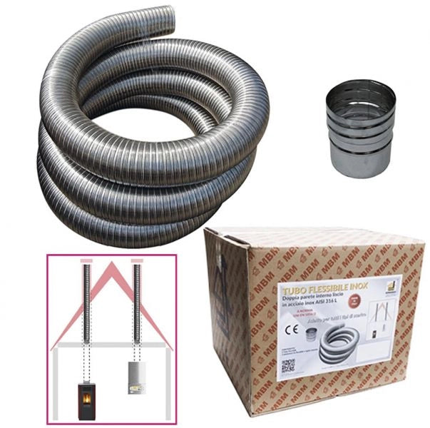 Kit tubo acciaio inox 316 flessibile 5 mt diametro 80 mm interno liscio a norma CE EN 1856 2 canna fumaria