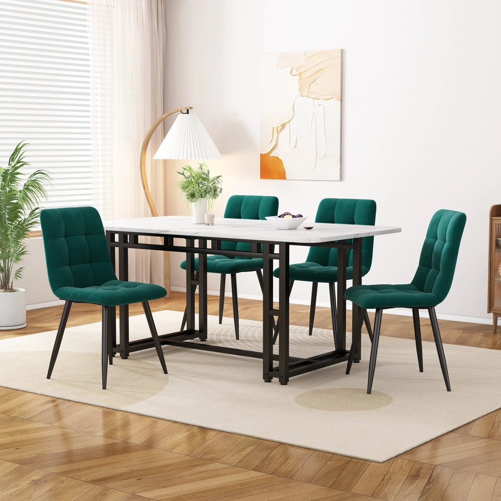 Set tavolo e sedie 5 pezzi con 4 sedie in velluto verde scuro tavolo con piano in MDF e gambe in metallo nero