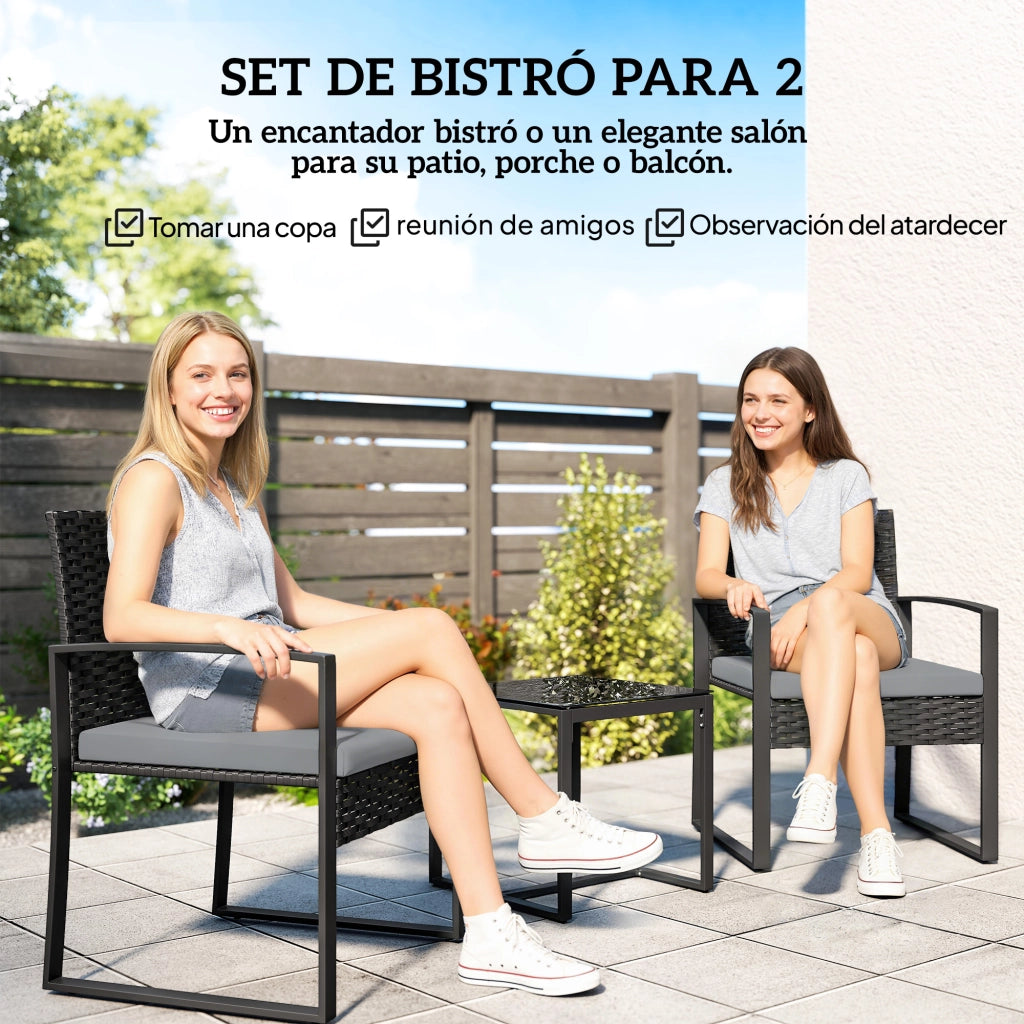 Set Salotto Giardino Polyrattan ¨C Xylo ¨C 2 Sedie con Cuscini + Tavolino Piano Vetro Grigio