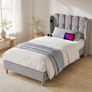 Letto imbottito 90x200 cm con USB e USB-C, rivestimento in lino grigio