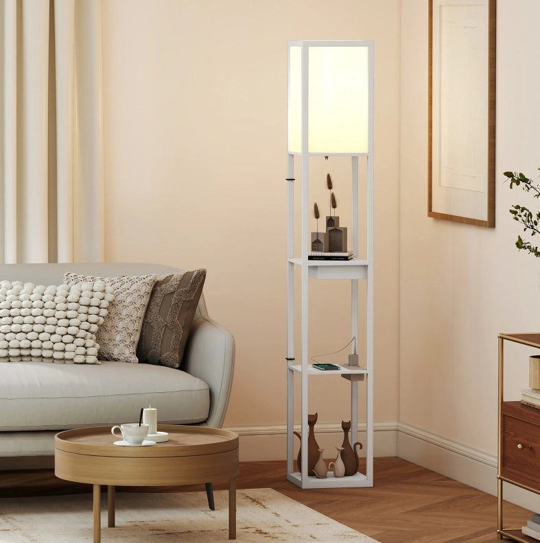 Lampada da terra 26x26x159 cm in MDF bianco con ripiani e USB –
