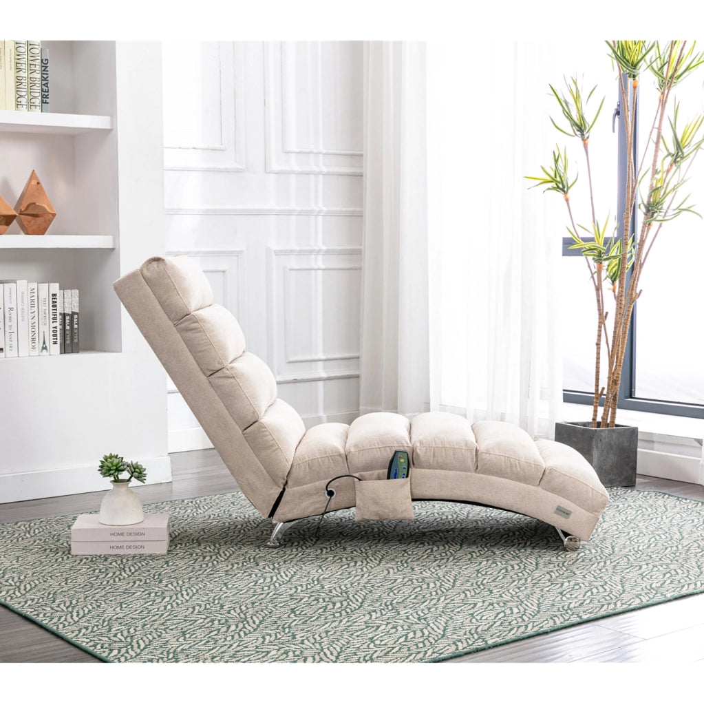 Poltrona massaggiante reclinabile in lino beige; 55x148x84 cm; con tasca laterale