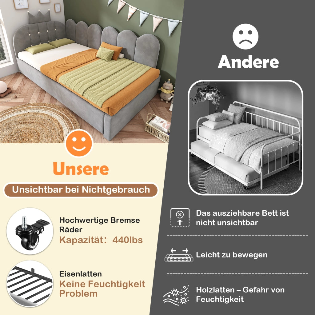 Letto Singolo 90x200 cm Imbottito con letto estraibile; Velluto; Grigio