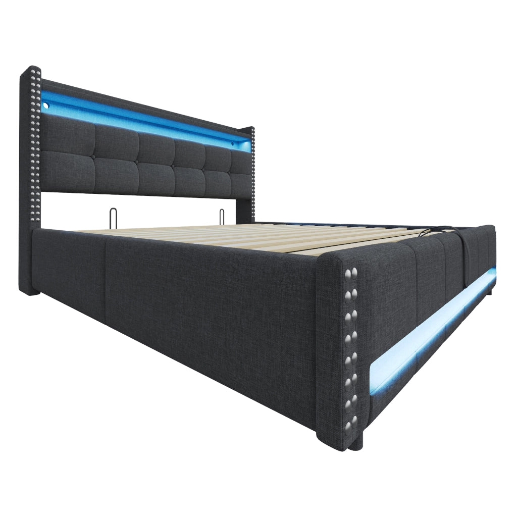 Letto imbottito 180x200 cm con contenitore; LED multicolore e presa USB; grigio