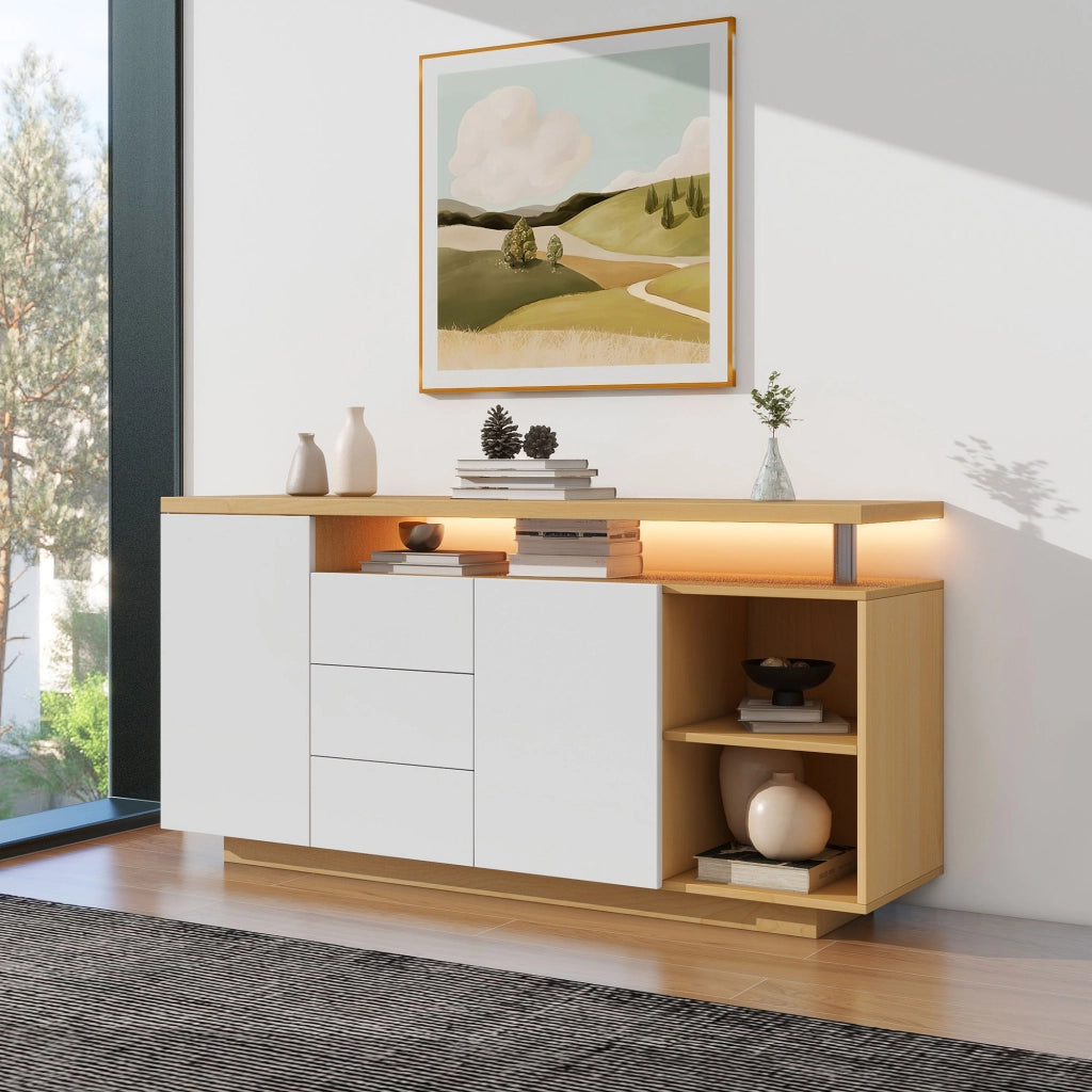 Credenza con 2 ante 3 cassetti vani aperti e LED in truciolare bianco e rovere chiaro 140 × 40 × 70 cm