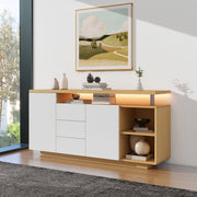 Credenza con 2 ante 3 cassetti vani aperti e LED in truciolare bianco e rovere chiaro 140 × 40 × 70 cm