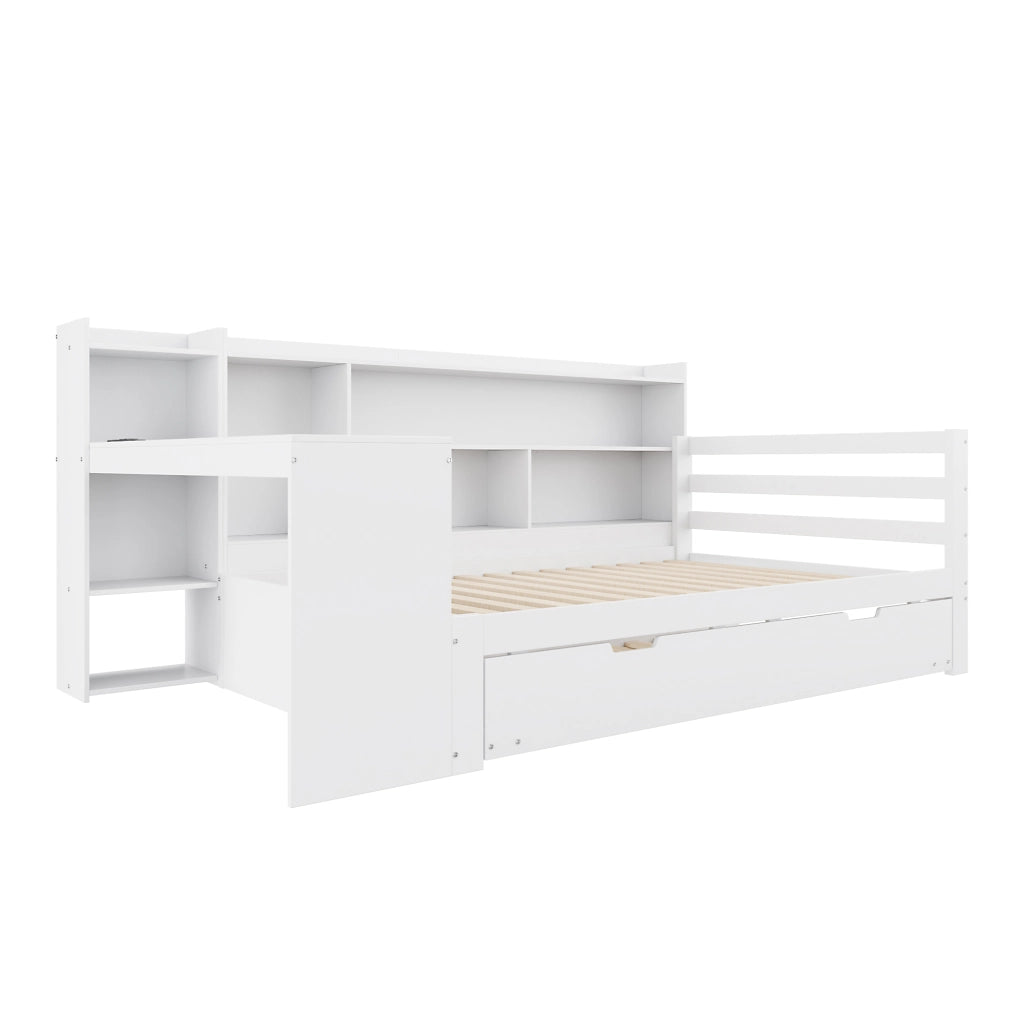Letto con letto estraibile 90 × 200 cm con scrivania; librerie; vani portaoggetti; prese USB e rete a doghe bianco