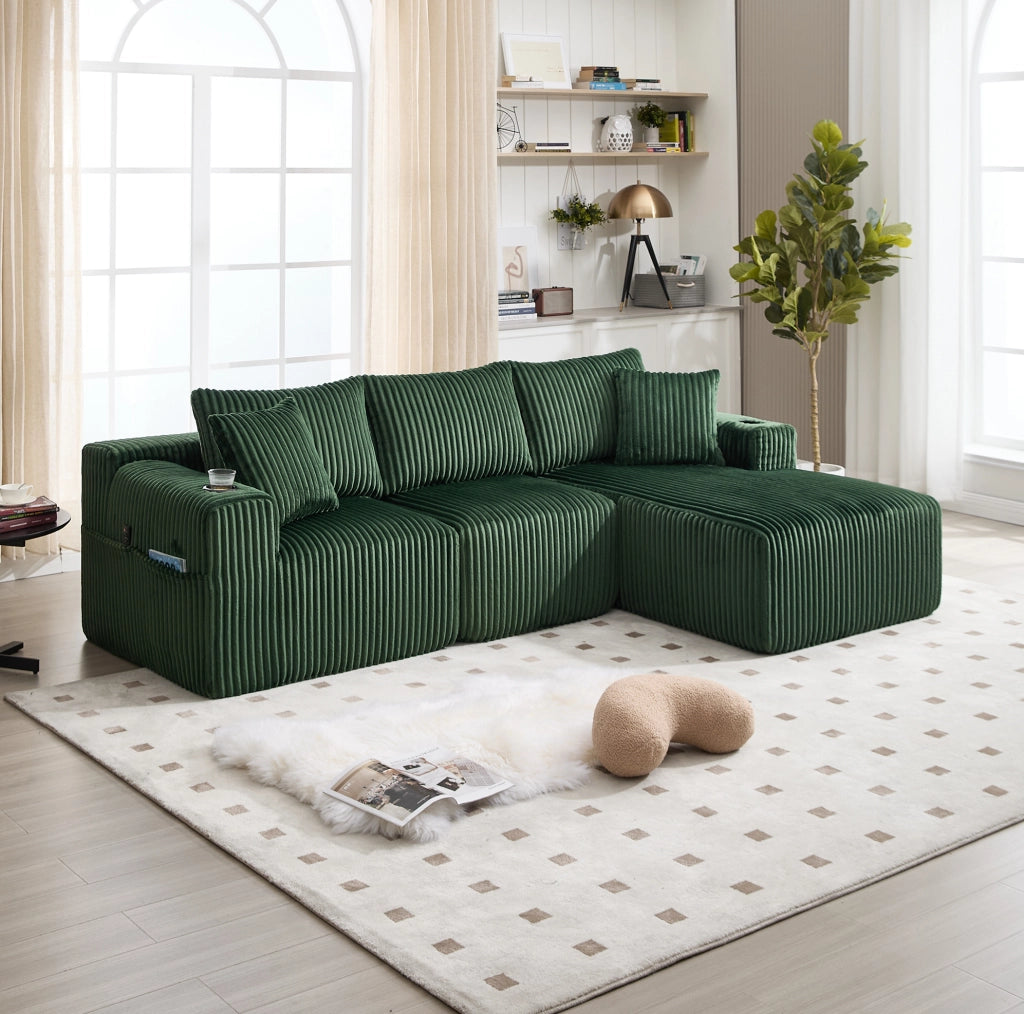 Divano modulare smeraldo con chaise longue, portabevande e 5 cuscini