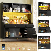 Mobile alto moderno nero 145x39x171 cm con illuminazione LED e controllo app, 1 cassetto, ripiano portaoggetti e pannello forato, per cucina o sala da pranzo