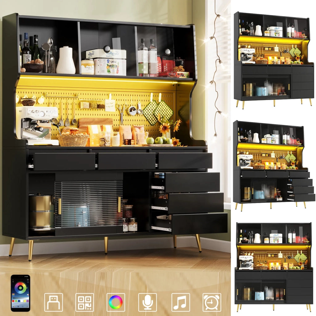 Mobile alto moderno nero 145x39x171 cm con illuminazione LED e controllo app, 1 cassetto, ripiano portaoggetti e pannello forato, per cucina o sala da pranzo