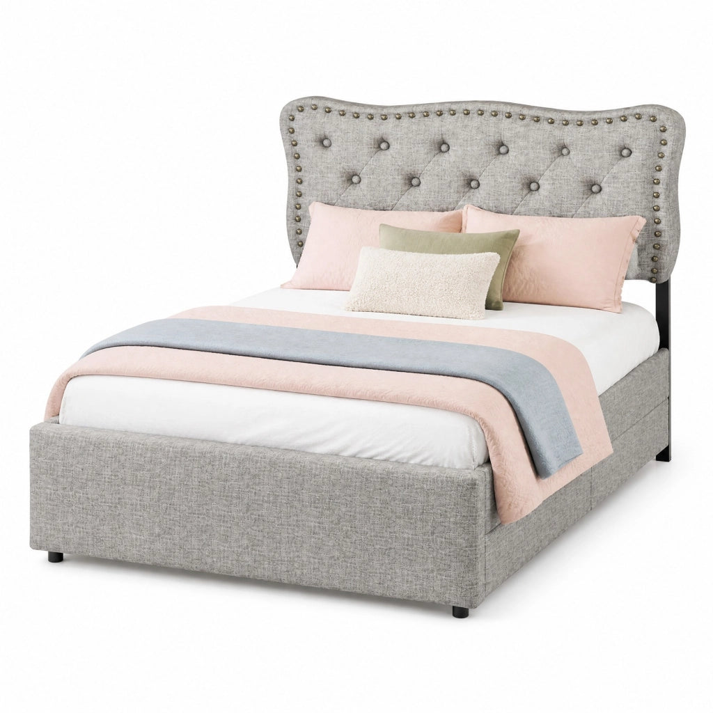 Letto singolo imbottito 90 × 200 cm in MDF e lino grigio con due cassetti e testiera regolabile