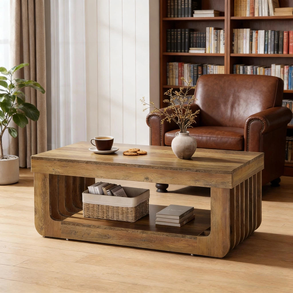 Tavolino da caff¨¨ a 2 ripiani 120x60x45 cm in MDF marrone con ripiano inferiore