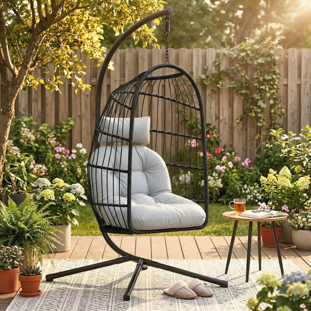 Sedia a Uovo Sospesa 105x101x196 cm con Supporto e Cinghia di Sicurezza in Metallo e Rattan PE Nero e Grigio Chiaro