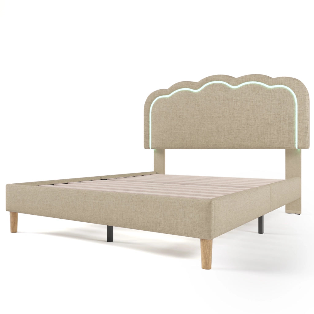Letto Matrimoniale Imbottito 140x200 cm con LED; Testiera Regolabile; Beige
