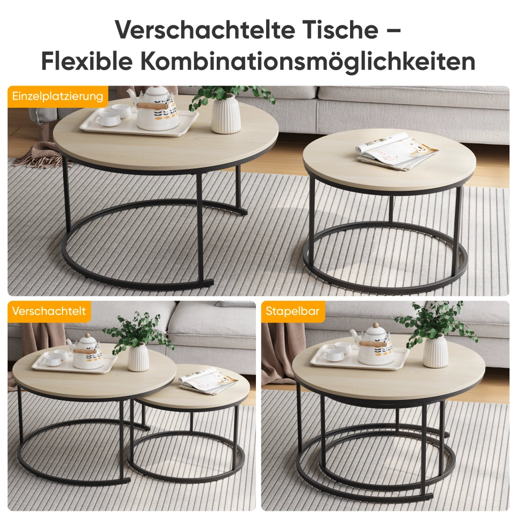 Set 2 tavolini da caffè rotondi impilabili ?80/60 cm; truciolare e ferro; colore rovere