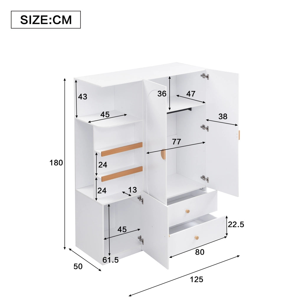 Armadio con barra appendiabiti; 2 cassetti e ripiani aperti in MDF bianco e naturale per camera 125 × 50 × 180 cm
