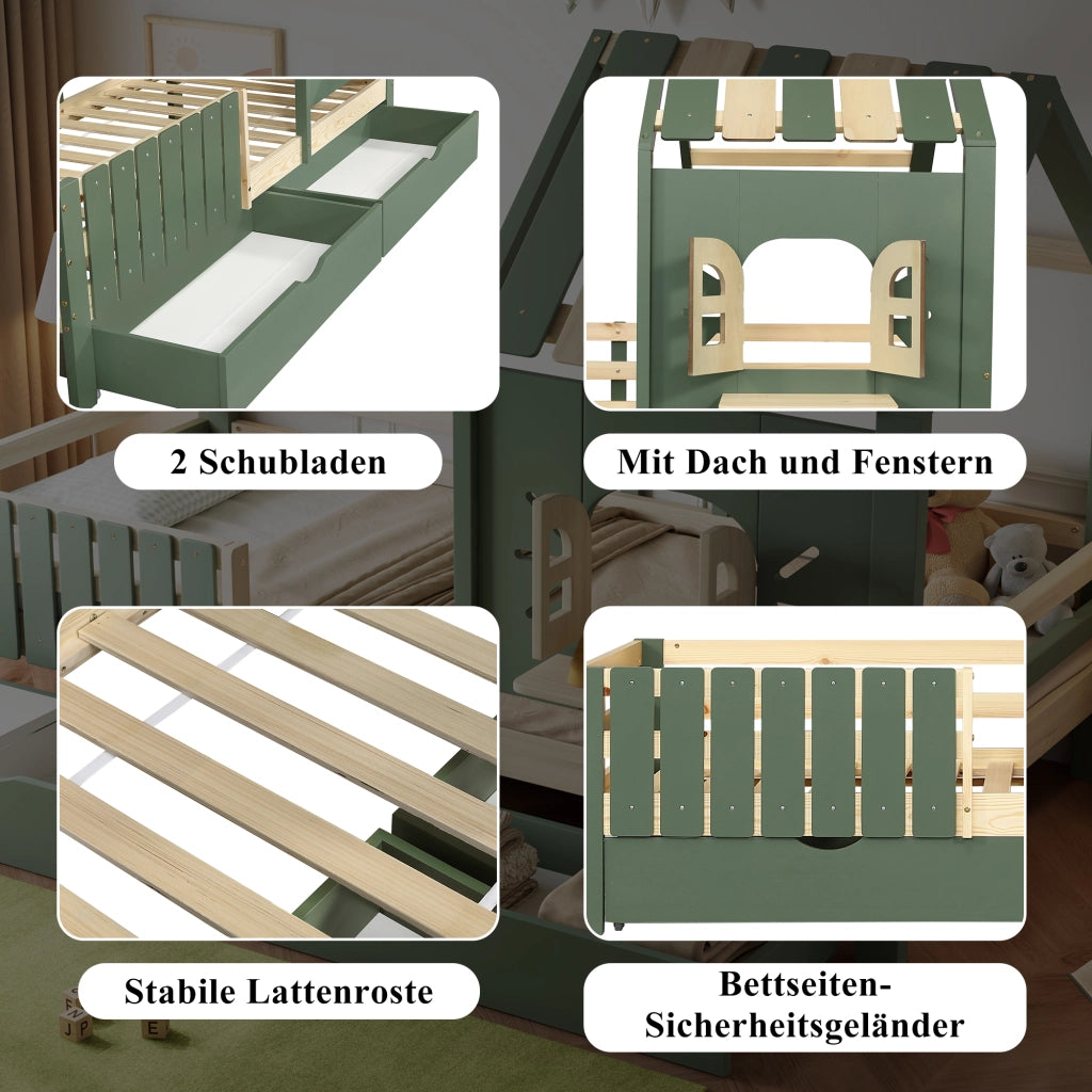 Letto a casetta per bambini 90x200 cm in pino e MDF; verde e naturale; con 2 cassetti; tetto e finestra per cameretta