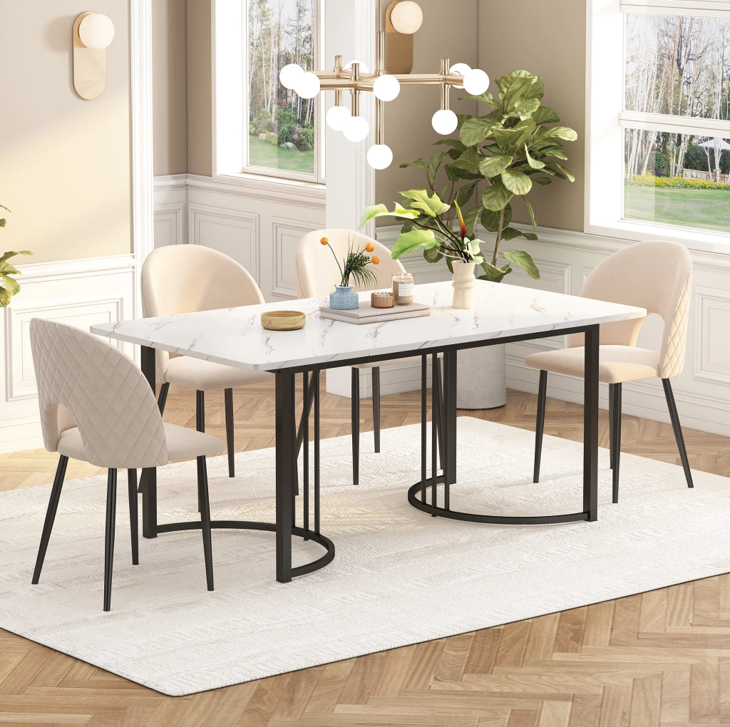 Tavolo da pranzo rettangolare 140x80 cm con piano in MDF effetto marmo e struttura in metallo regolabile, bianco/nero