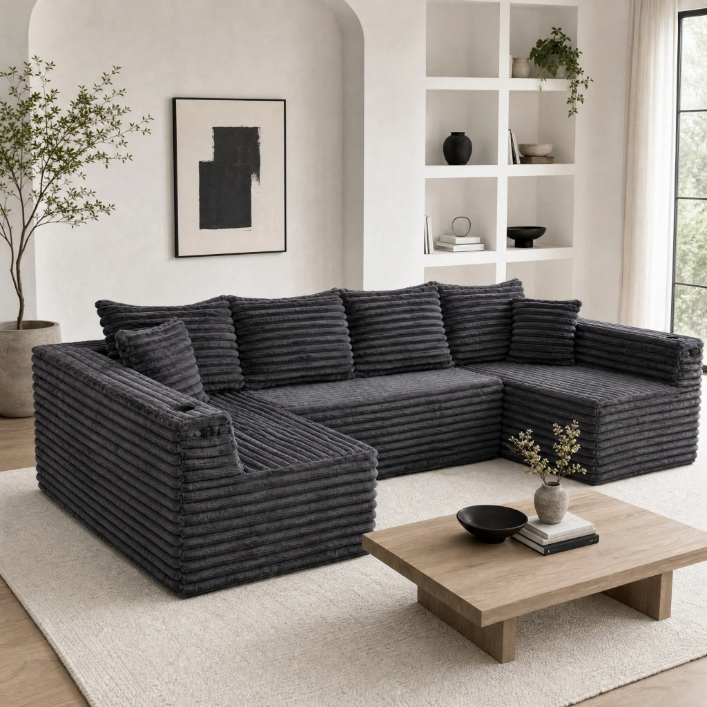 Sofa modulare a U in velluto a coste con portabicchieri e tasche laterali; grigio scuro 320x155x88 cm