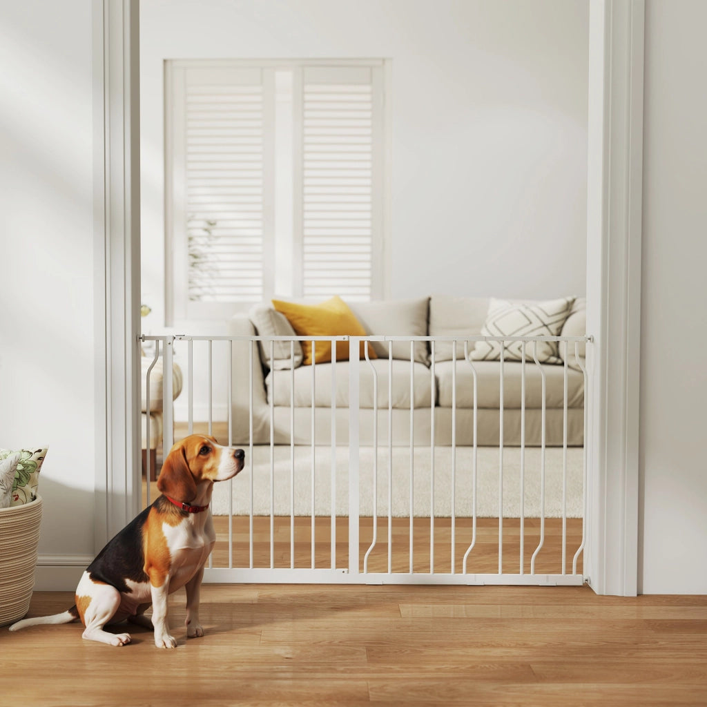 Cancelletto di Sicurezza per Cani Regolabile 75-145 cm in Acciaio e ABS Bianco, Barriera per Porte e Scale Facile da Montare