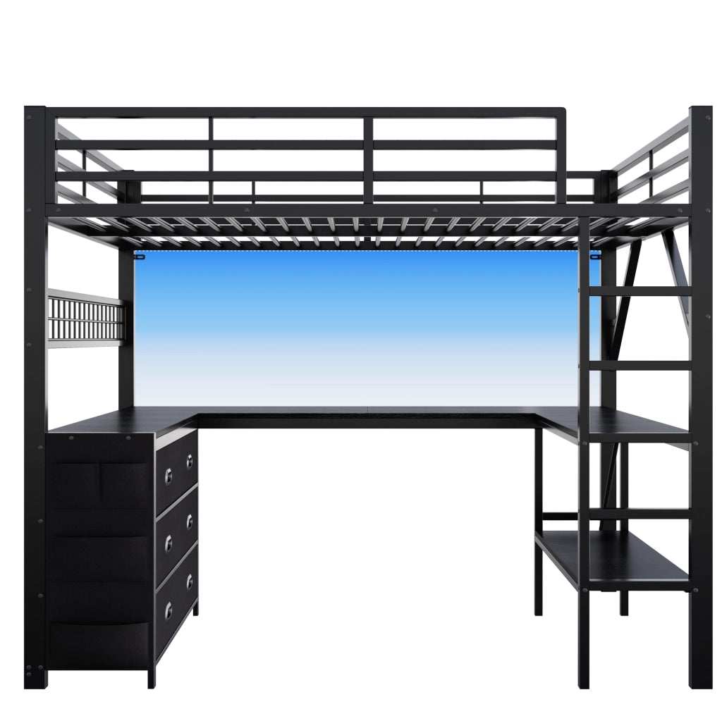 Letto a soppalco ULEVR 140x200 cm con scrivania, cassetti, ripiano LED e barra appendiabiti, nero