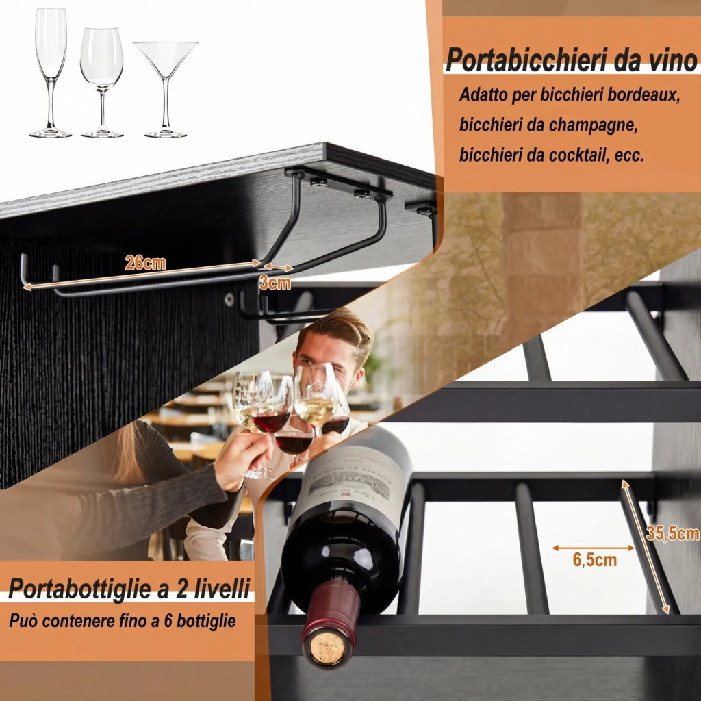 Set tavolo e sgabelli da bar 3 pezzi neri, design industriale, con portabicchieri e 6 portabottiglie, 120 cm, robusto, salvaspazio per casa