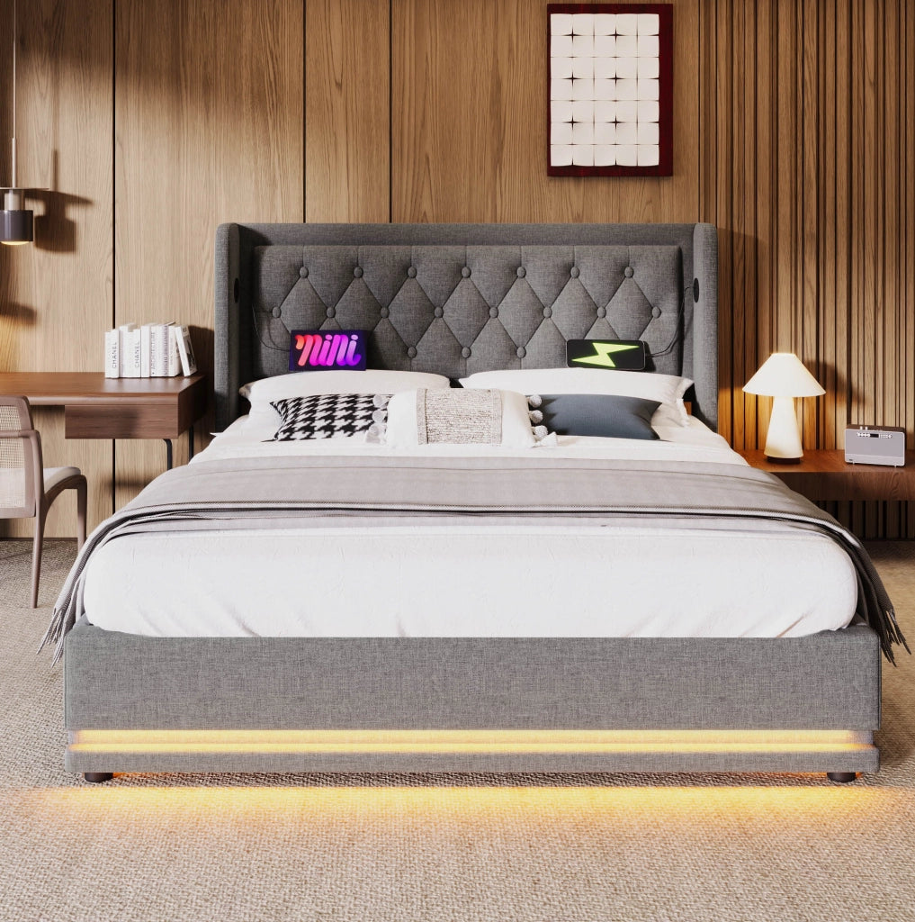 Letto matrimoniale imbottito 160x200 cm con contenitore, LED e ricarica USB-C