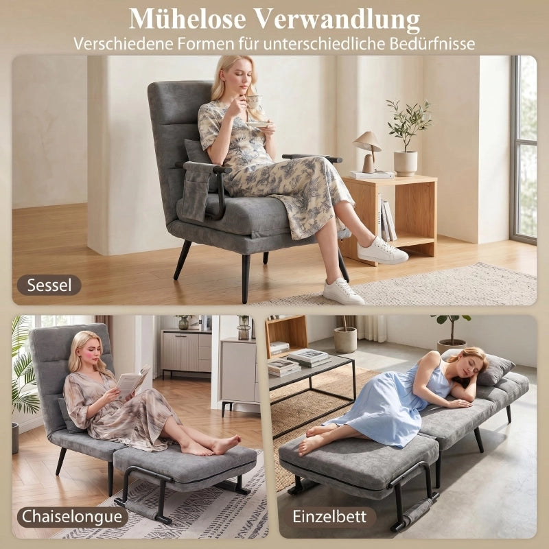 Poltrona letto 3 in 1 in ciniglia grigia con schienale regolabile a 5 livelli e letto singolo 186 × 60 cm