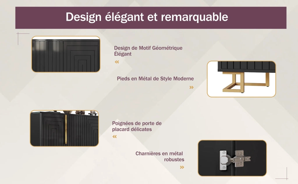 Sideboard nero 152x40x75 cm, design geometrico, maniglie e piedi dorati