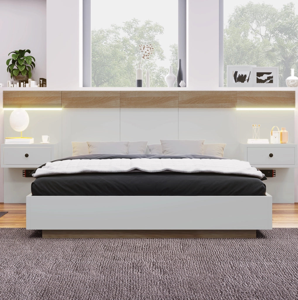 Letto matrimoniale 160x200 cm con comodini LED, USB-C e prese UE