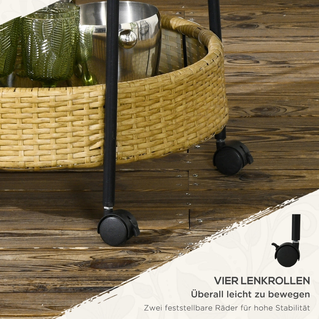 Carrello portavivande rotondo a 2 ripiani in polyrattan giallo con 4 ruote e 2 freni per terrazza Ø 50 × 66 cm