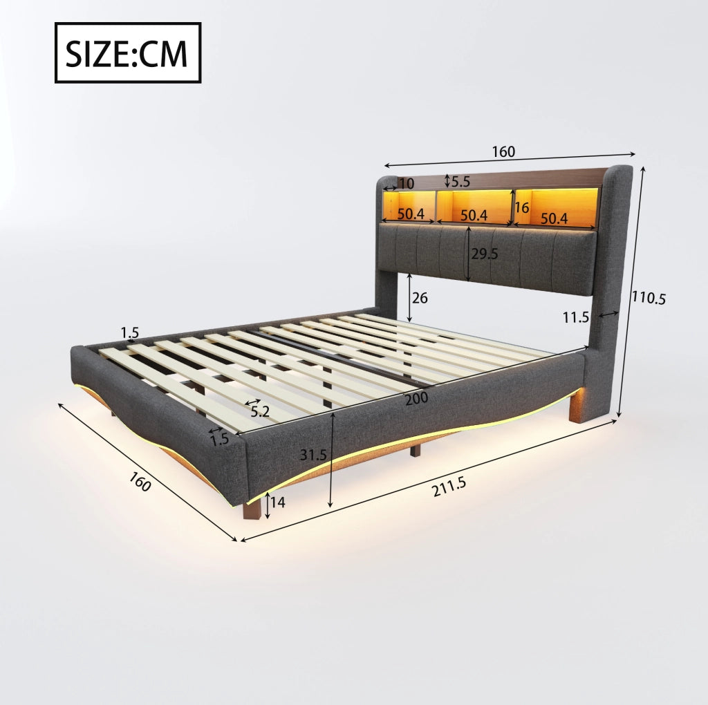Letto imbottito sospeso con LED; USB e Type-C; 160 x 200 cm; grigio