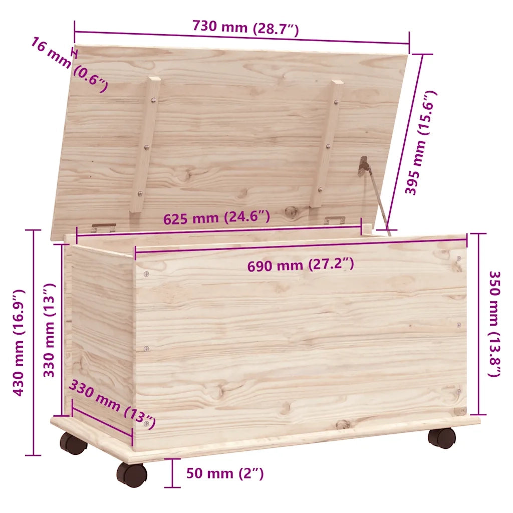 Cassapanca con Ruote ALTA 73x39,5x43 cm Legno Massello di Pino 353927