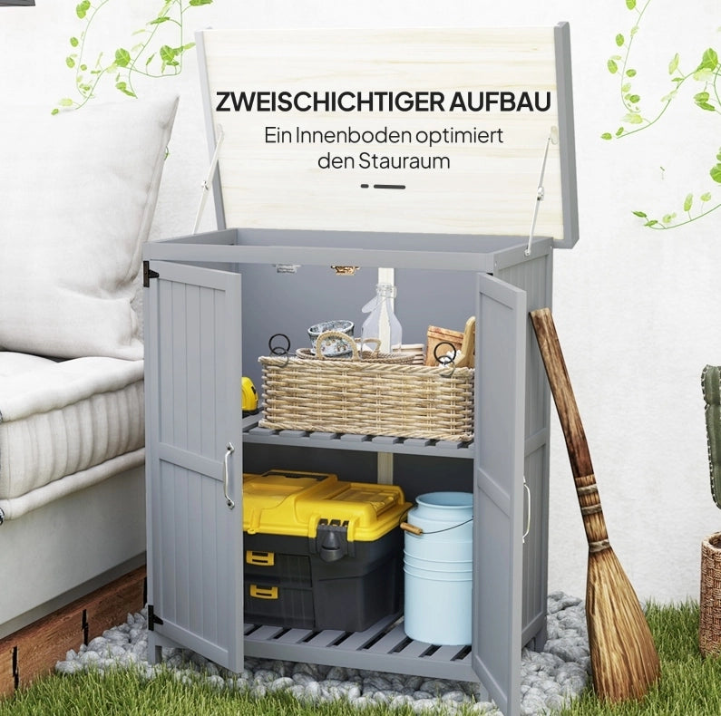 Armadio da Giardino con Piano di Lavoro in Legno e Acciaio, Doppie Porte, Grigio, 74x43x88 cm