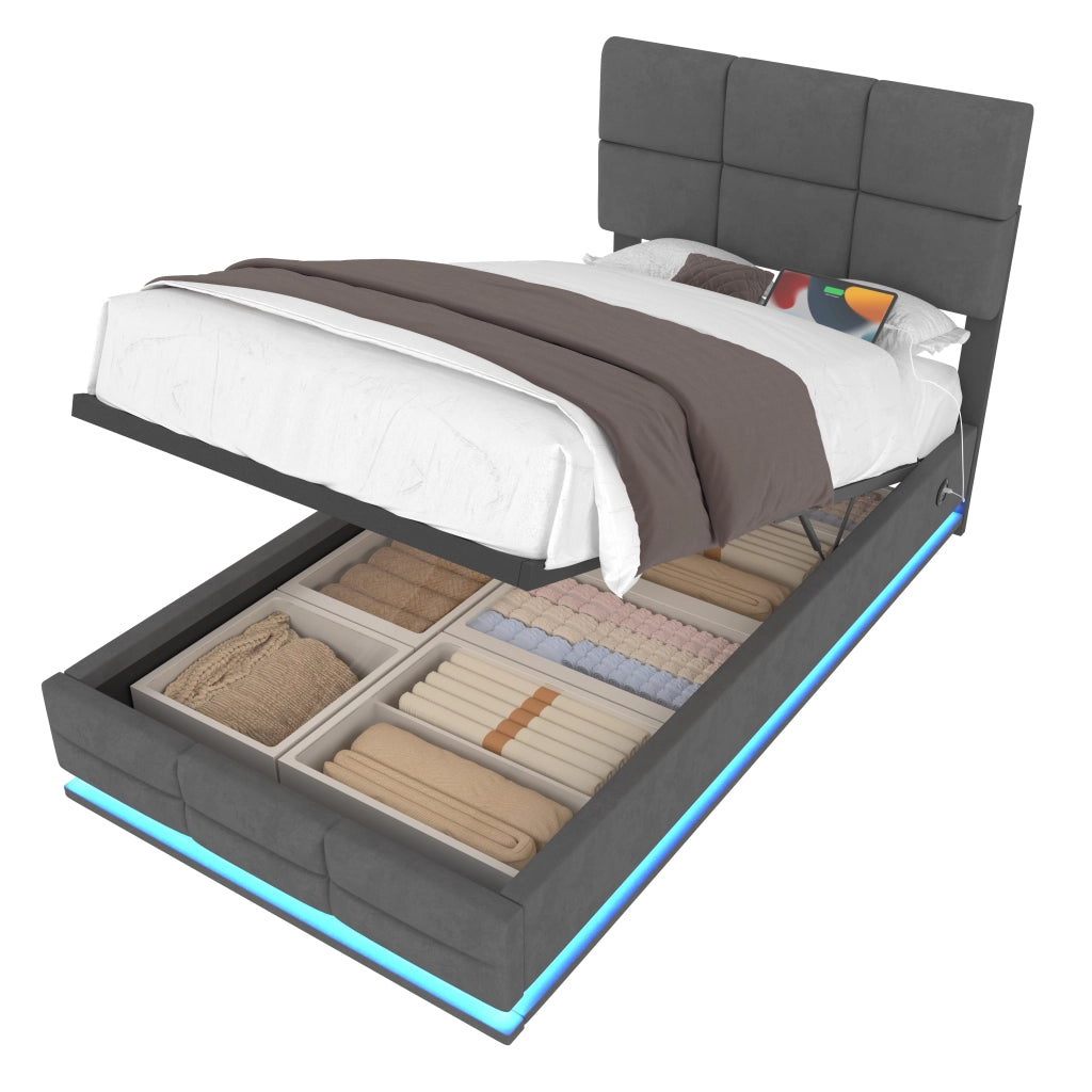 Letto 90x200 cm con contenitore idraulico, LED e USB in velluto grigio scuro