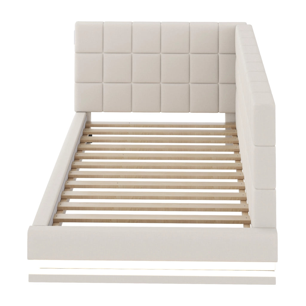 OKWISH Letto divano 90×200 cm, Letto Singolo con LED Multicolore, USB e Doghe, senza Materasso, in Tessuto Lino, Beige