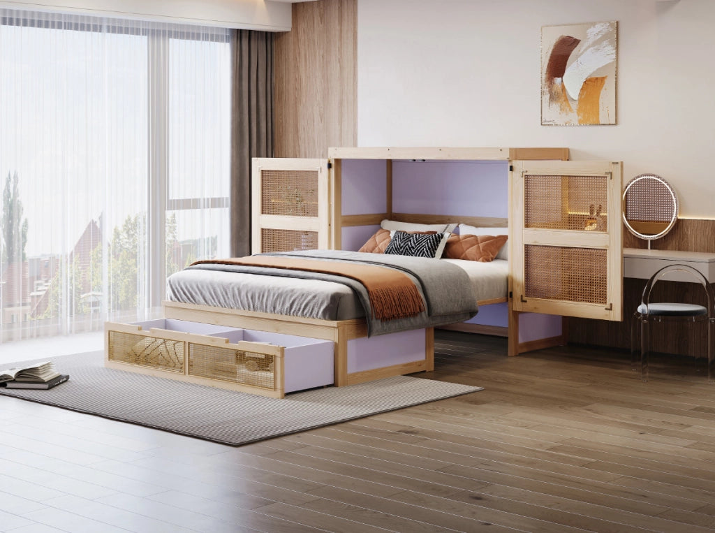 Letto a scomparsa 140x200 cm con rete a doghe, design in rattan e struttura in legno, con cassetti contenitori